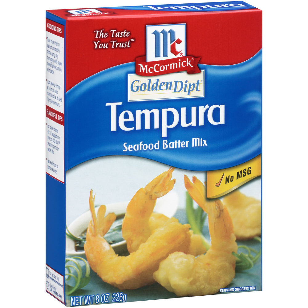 McCormick Golden Dipt Tempura Batter Mix packet ready for crispy seafood tempura.