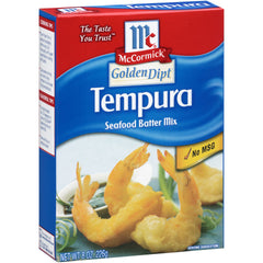 McCormick Golden Dipt Tempura Batter Mix packet ready for crispy seafood tempura.
