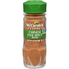 McCormick Gourmet Chinese Five Spice bottle close-up for versatile stir-fries and roasts.