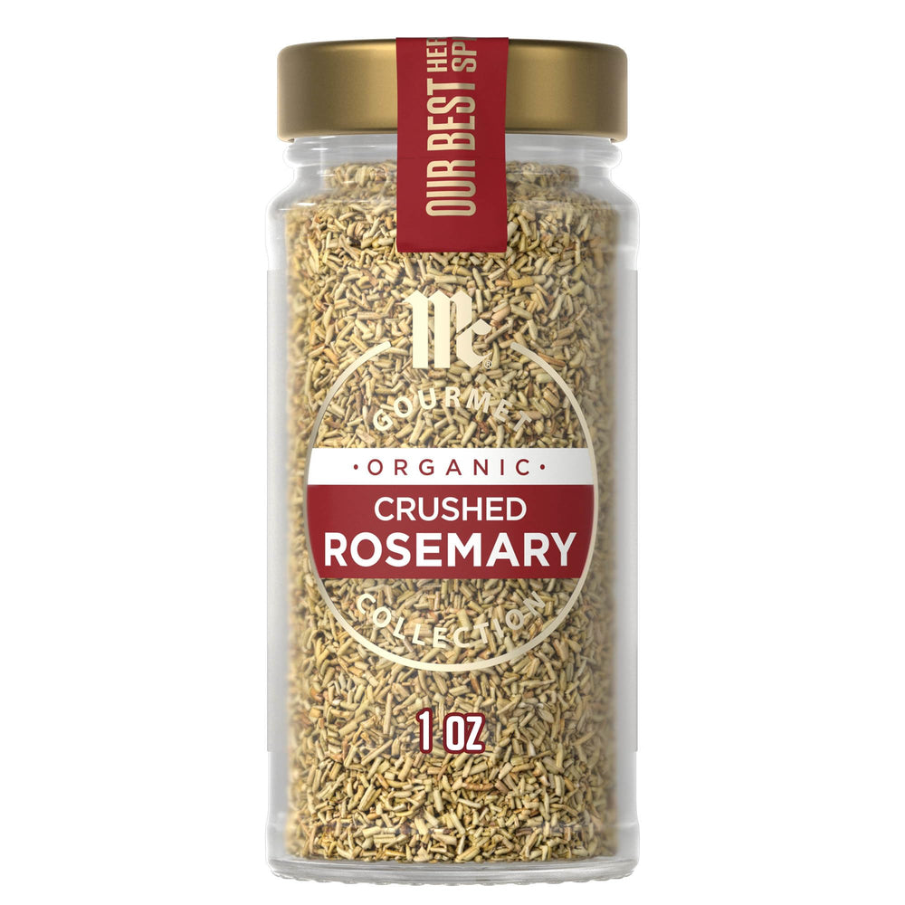 McCormick Gourmet Organic Crushed Rosemary bottle close-up with piney aroma for cooking