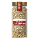 McCormick Gourmet Organic Crushed Rosemary bottle close-up with piney aroma for cooking