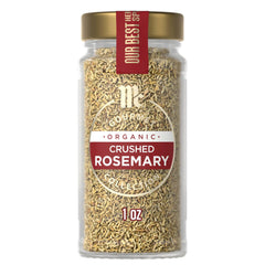 McCormick Gourmet Organic Crushed Rosemary bottle close-up with piney aroma for cooking