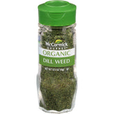 McCormick Gourmet Organic Dill Weed bottle showing fresh green leaves for dipping or seasoning.