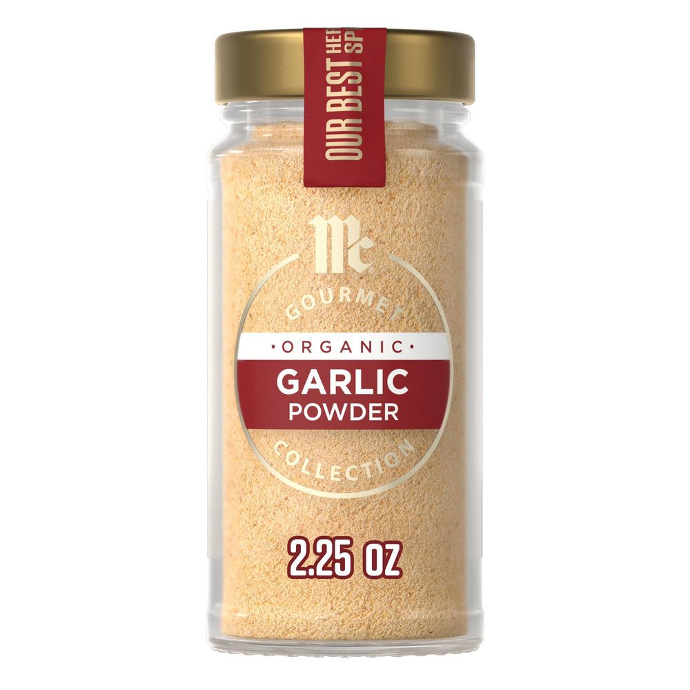 McCormick Gourmet Organic Garlic Powder bottle enhances savory dishes with convenient flavor.
