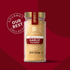 McCormick Gourmet Organic Garlic Powder texture closeup for even distribution.