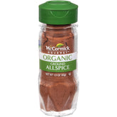 McCormick Gourmet Organic Ground Allspice bottle offers warm aroma for desserts and stews.