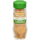 McCormick Gourmet Organic Ground Coriander bottle highlights fresh aroma for versatile cooking.
