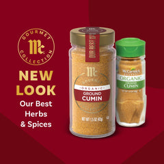 McCormick Gourmet Organic Ground Cumin closeup — warm citrus edge enhances meats
