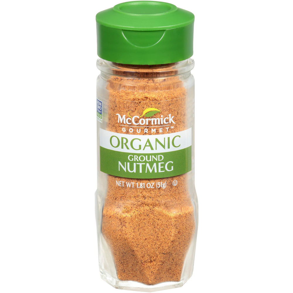 McCormick Gourmet Organic Ground Nutmeg jar on counter for baking and custards