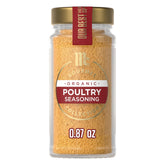McCormick Gourmet Organic Poultry Seasoning bottle on kitchen shelf enhances roast chicken.