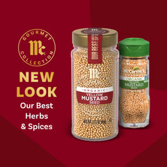 McCormick Gourmet Organic Yellow Mustard Seed in a glass jar – aromatic for curries and chutneys.