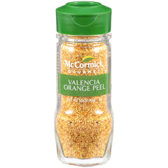 McCormick Gourmet Valencia Orange Peel bottle pour showing citrus zest ready to blend