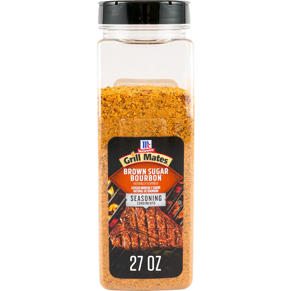 McCormick Grill Mates Brown Sugar Bourbon seasoning bottle top enhances steaks with bold flavor.