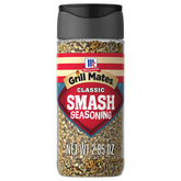 McCormick Grill Mates Classic Smash Seasoning jar closeup for a bold crust on burgers.