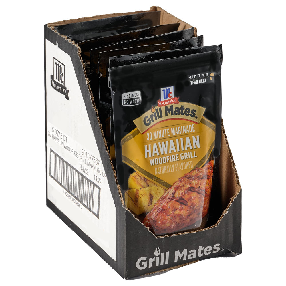 McCormick Grill Mates Hawaiian Woodfire marinade pouch ready for quick weeknight pork or chicken.
