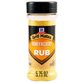 McCormick Grill Mates Honey Hickory Rub bottle closeup showing smoky-sweet blend for grilling meats.
