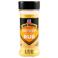 McCormick Grill Mates Honey Hickory Rub bottle closeup showing smoky-sweet blend for grilling meats.