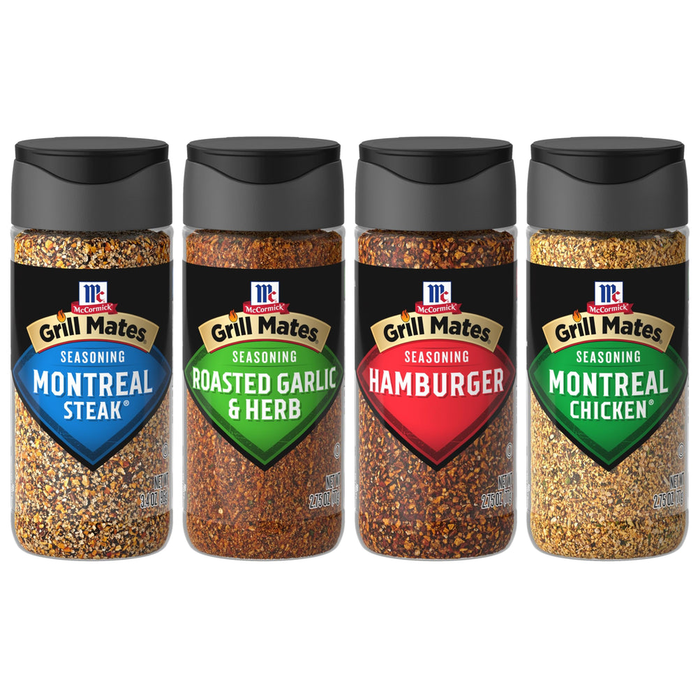 McCormick Grill Mates Montreal Steak Seasoning bottle enhances grilled steaks with bold, savory flavor