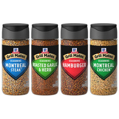 McCormick Grill Mates Montreal Steak Seasoning bottle enhances grilled steaks with bold, savory flavor