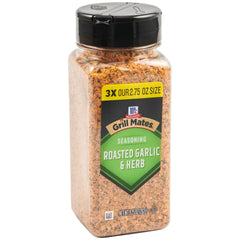 McCormick Grill Mates Roasted Garlic & Herb Seasoning bottle adds savory aroma to cooking.