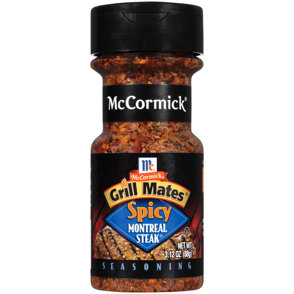 McCormick Grill Mates Spicy Montreal Steak jar closeup highlighting seasoned blend for richer grilling flavor.