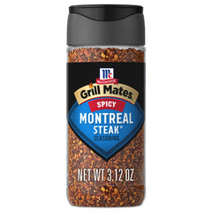McCormick Grill Mates Spicy Montreal steak seasoning bottle adds bold heat for grilling