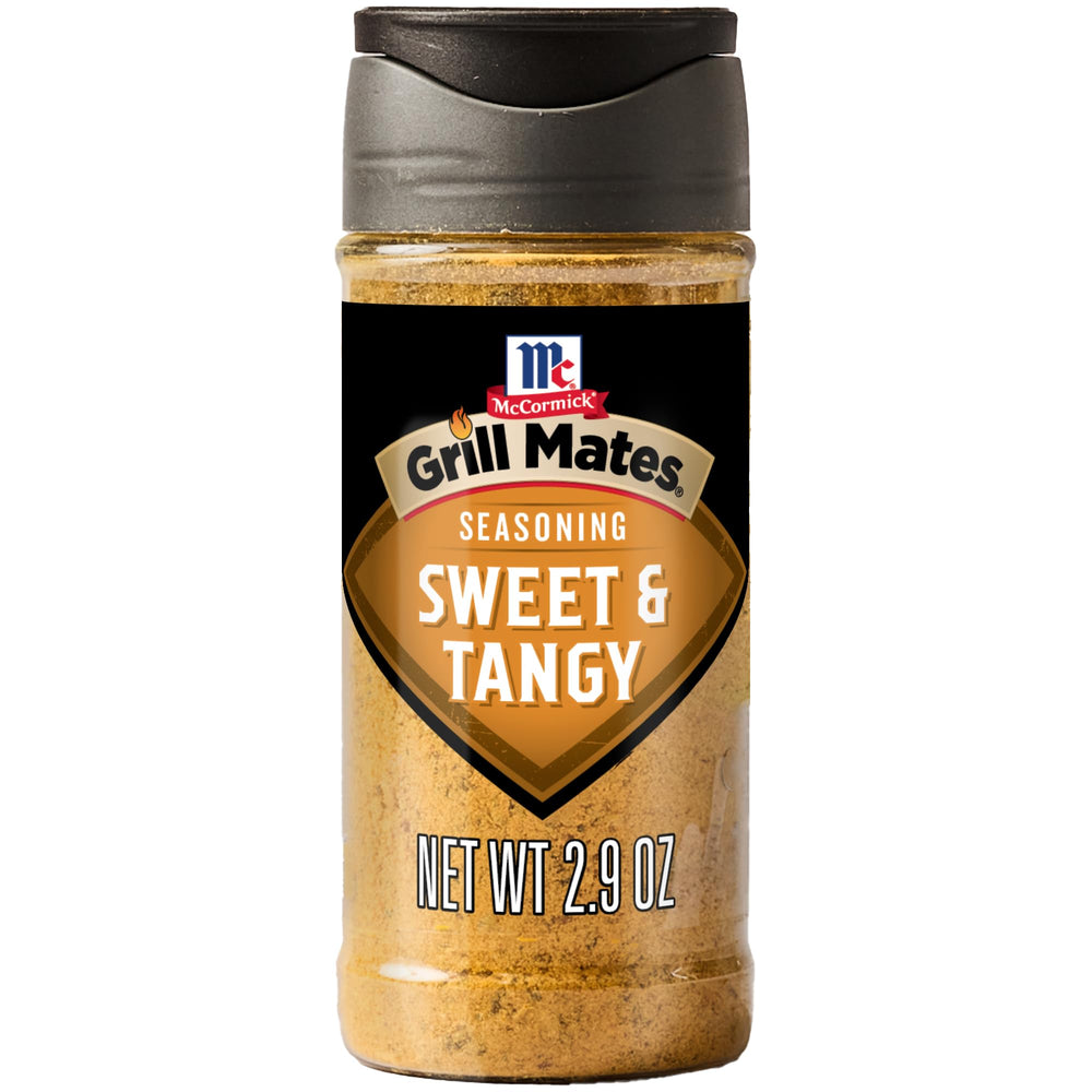 McCormick Grill Mates Sweet Tangy seasoning jar adds bold crust to meat for flavorful grilling.