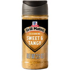 McCormick Grill Mates Sweet Tangy seasoning jar adds bold crust to meat for flavorful grilling.