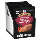 McCormick Grill Mates Tomato Garlic Basil marinade bottle ready for grilling, boosts savoriness