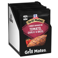 McCormick Grill Mates Tomato Garlic Basil marinade bottle ready for grilling, boosts savoriness