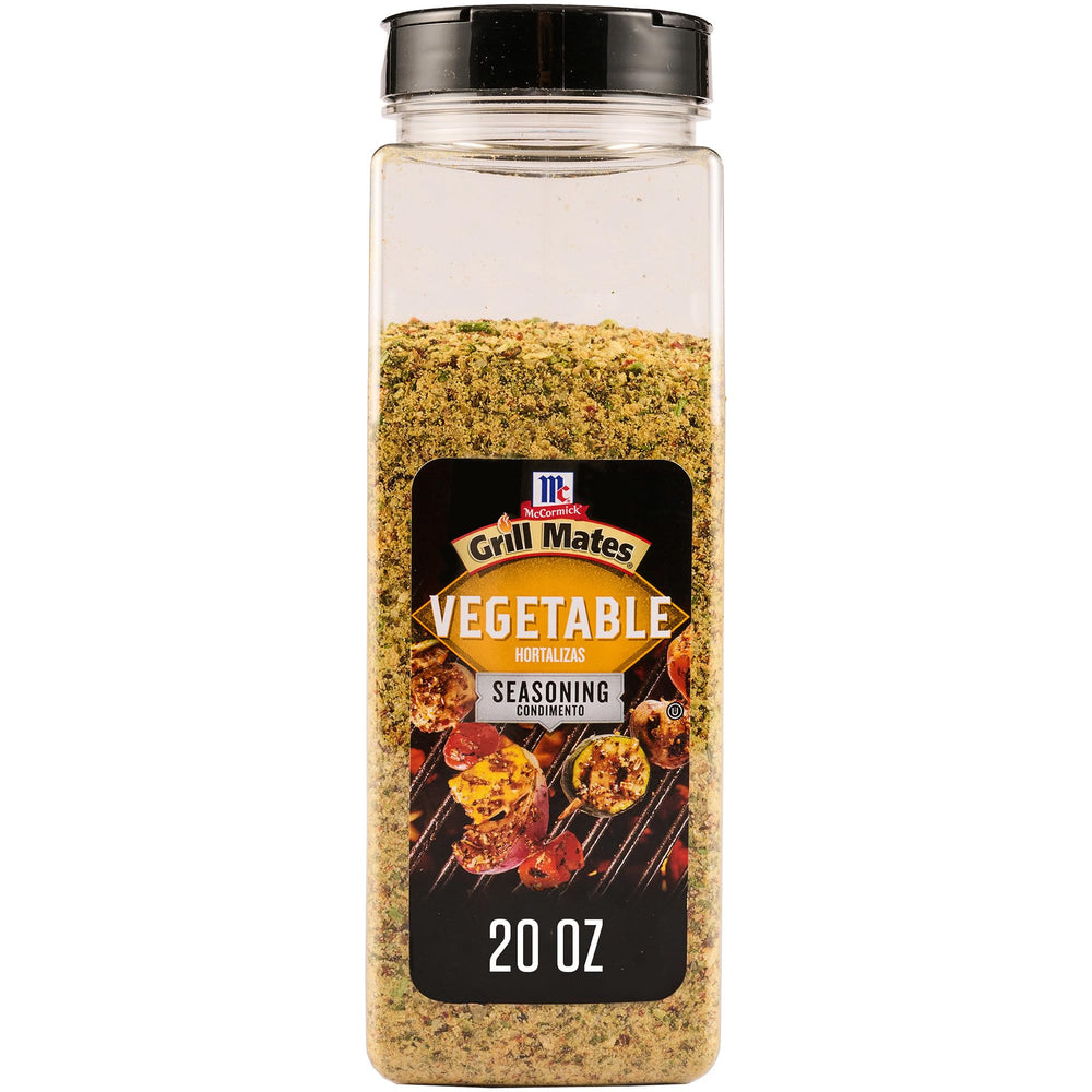 McCormick Grill Mates Vegetable Seasoning bottle on counter enhances veggie flavor for grills.