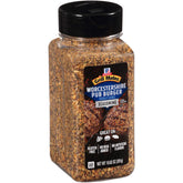 McCormick Grill Mates Worcestershire Pub Burger Seasoning front label; bold blend for craveable burgers.