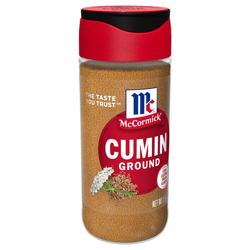 McCormick Ground Cumin bottle pour shows earthy warmth for chili and tacos.