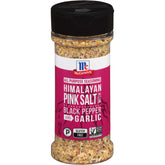 McCormick Himalayan Pink Salt with Black Pepper and Garlic bottle for versatile seasoning.