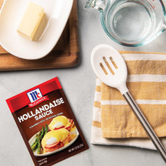 McCormick Hollandaise sauce mix melting butter and water into a silky sauce