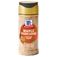 McCormick Maple Brown Sugar Finishing Sugar bottle closeup with aroma-preserving seal.