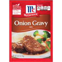 McCormick Onion Gravy Mix package ready to transform pan juices into smooth gravy.