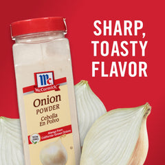 McCormick Onion Powder measuring spoon shows easy, even seasoning for soups and sauces.