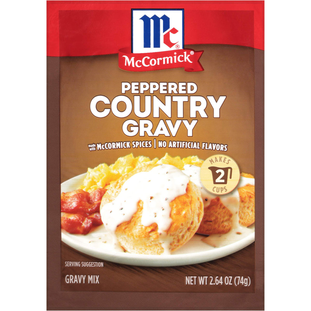 McCormick Peppered Country Gravy Mix packaging highlighting authentic southern flavor