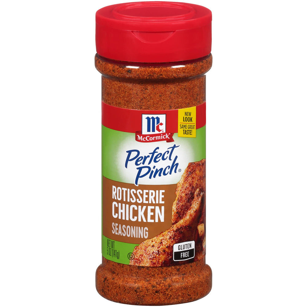 McCormick Perfect Pinch Rotisserie Chicken Seasoning bottle ready for quick chicken flavor