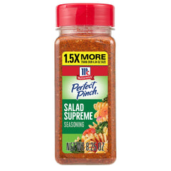 McCormick Perfect Pinch Salad Supreme seasoning jar with vibrant cheese and seeds.