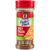 McCormick Perfect Pinch Spicy Italian bottle top being sprinkled on pizza for a bold kick.