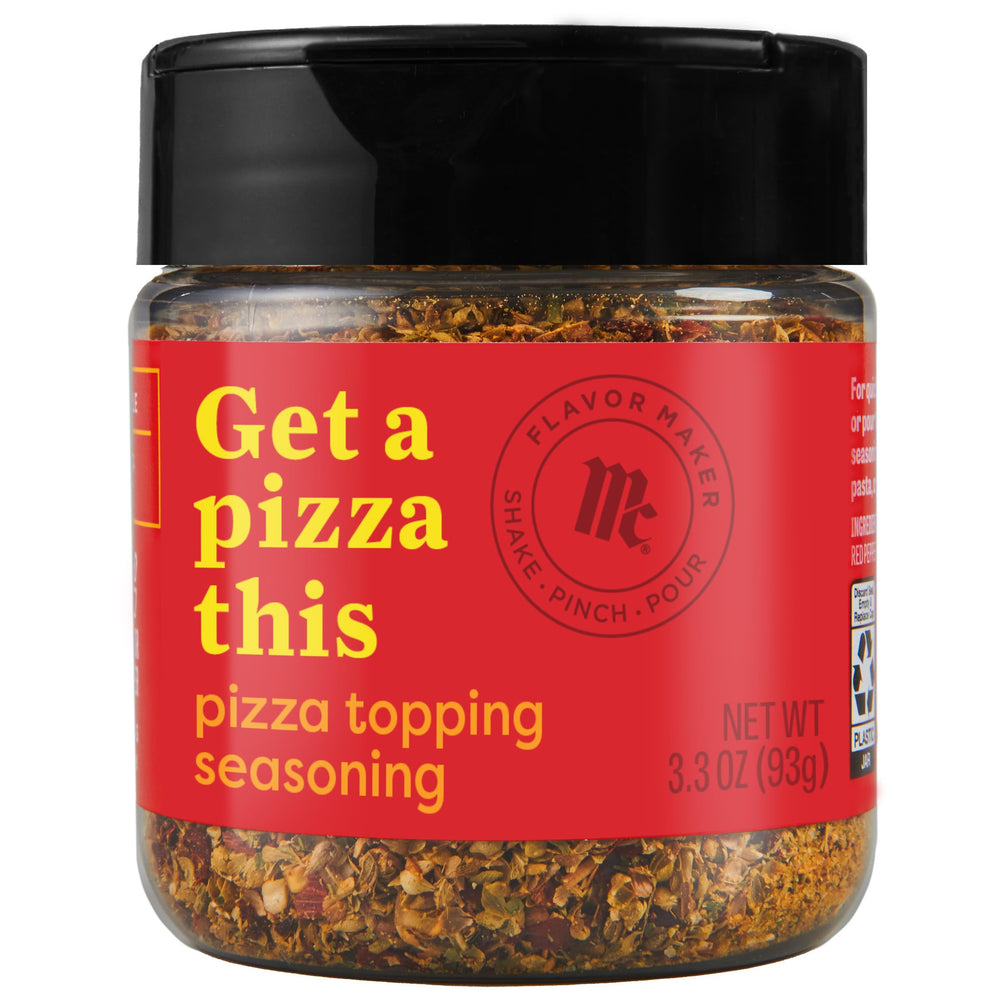 McCormick Pizza Topping Seasoning jar label boosts Italian-inspired flavor for homemade pies.