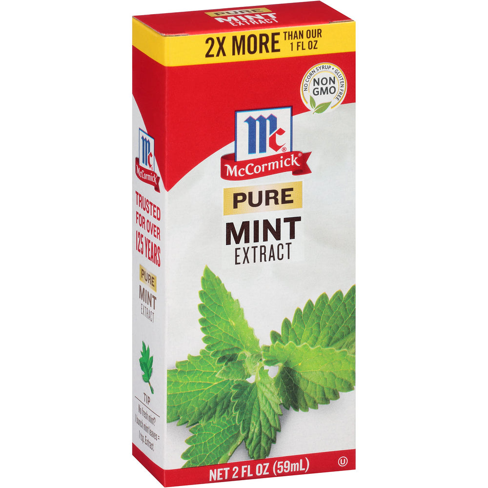 McCormick Pure Mint Extract bottle highlights peppermint and spearmint oils for fresh flavor.
