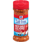 McCormick Salt Free Roasted Garlic & Bell Pepper Seasoning bottle on kitchen counter for easy flavoring.