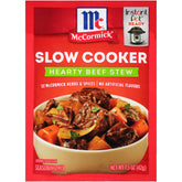 McCormick slow cooker beef stew seasoning mix bottle shows rich spice blend for hearty meals.