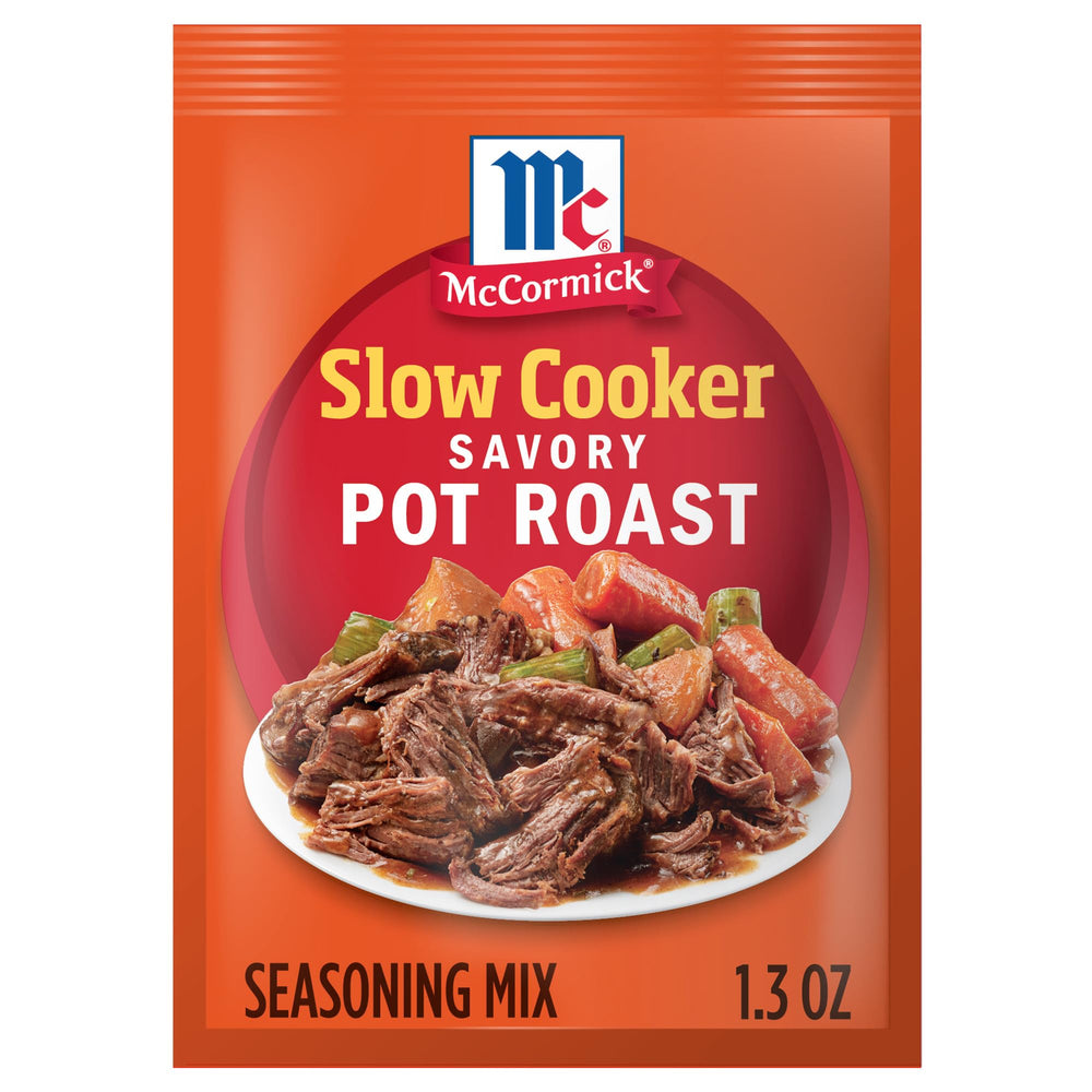 McCormick Slow Cooker Savory Pot Roast Seasoning Mix being poured for easy weeknight dinners.