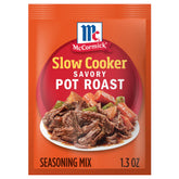 McCormick Slow Cooker Savory Pot Roast Seasoning Mix being poured for easy weeknight dinners.