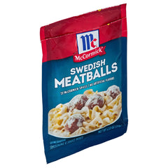 McCormick Swedish Meatballs Sauce Mix shows creamy coating for tender meatballs.