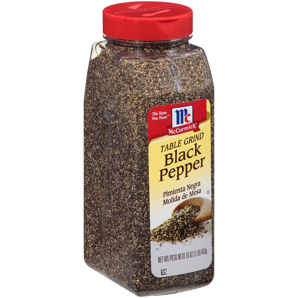 McCormick Table Grind Black Pepper bottle front adds bold flavor to meals.